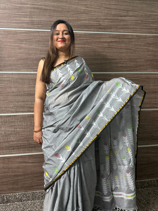 Dhaka Mulmul Cotton Saree – Grey Base with Balu Chudi Motifs