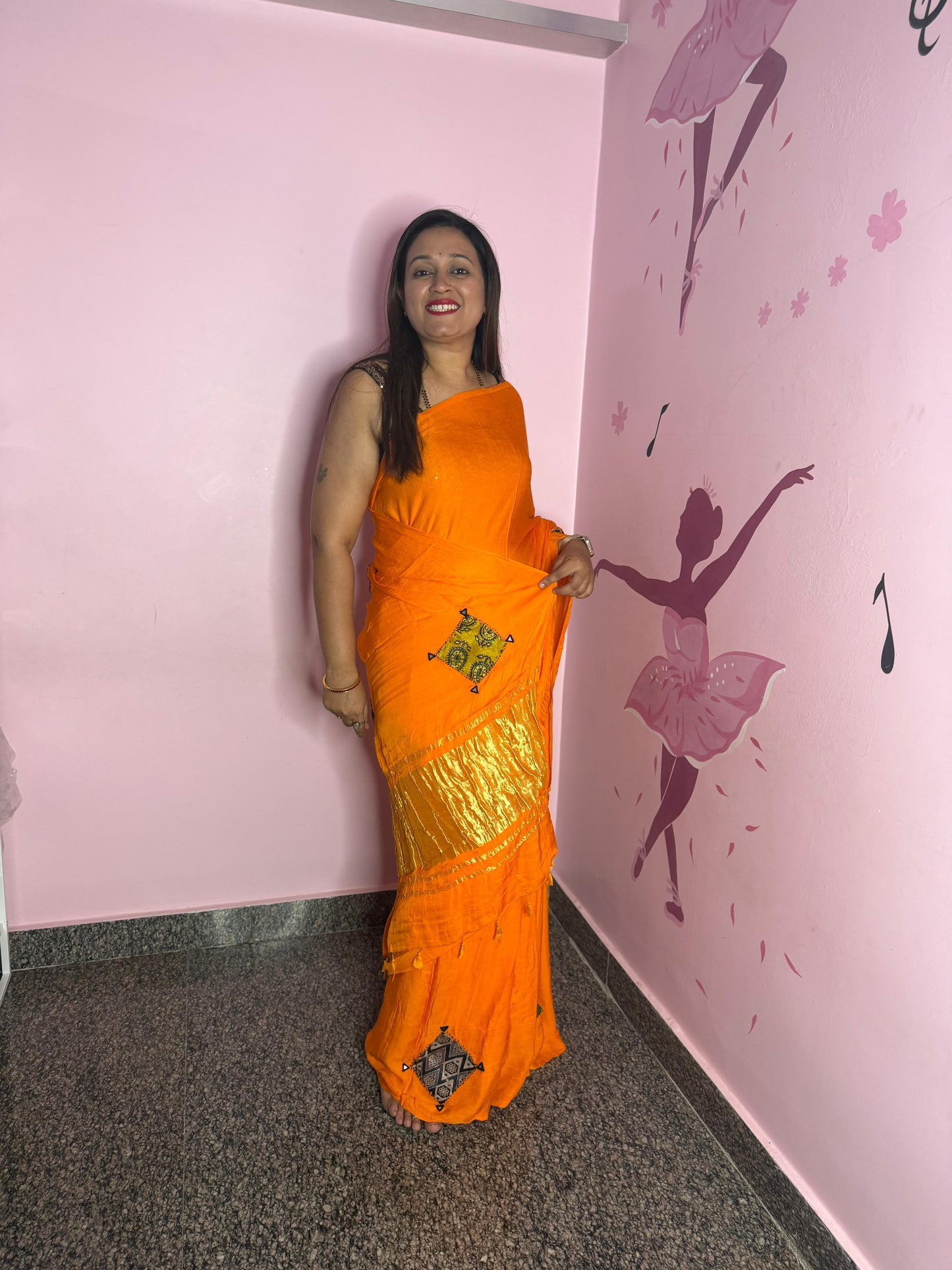 Modal Saree with Mushroo Patch – Orange