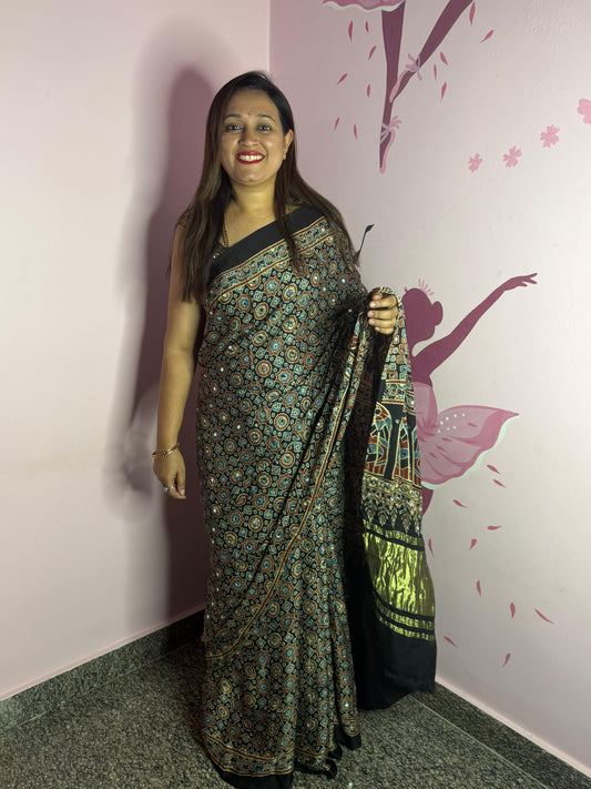 Ajrak Mirror Work Saree – Black