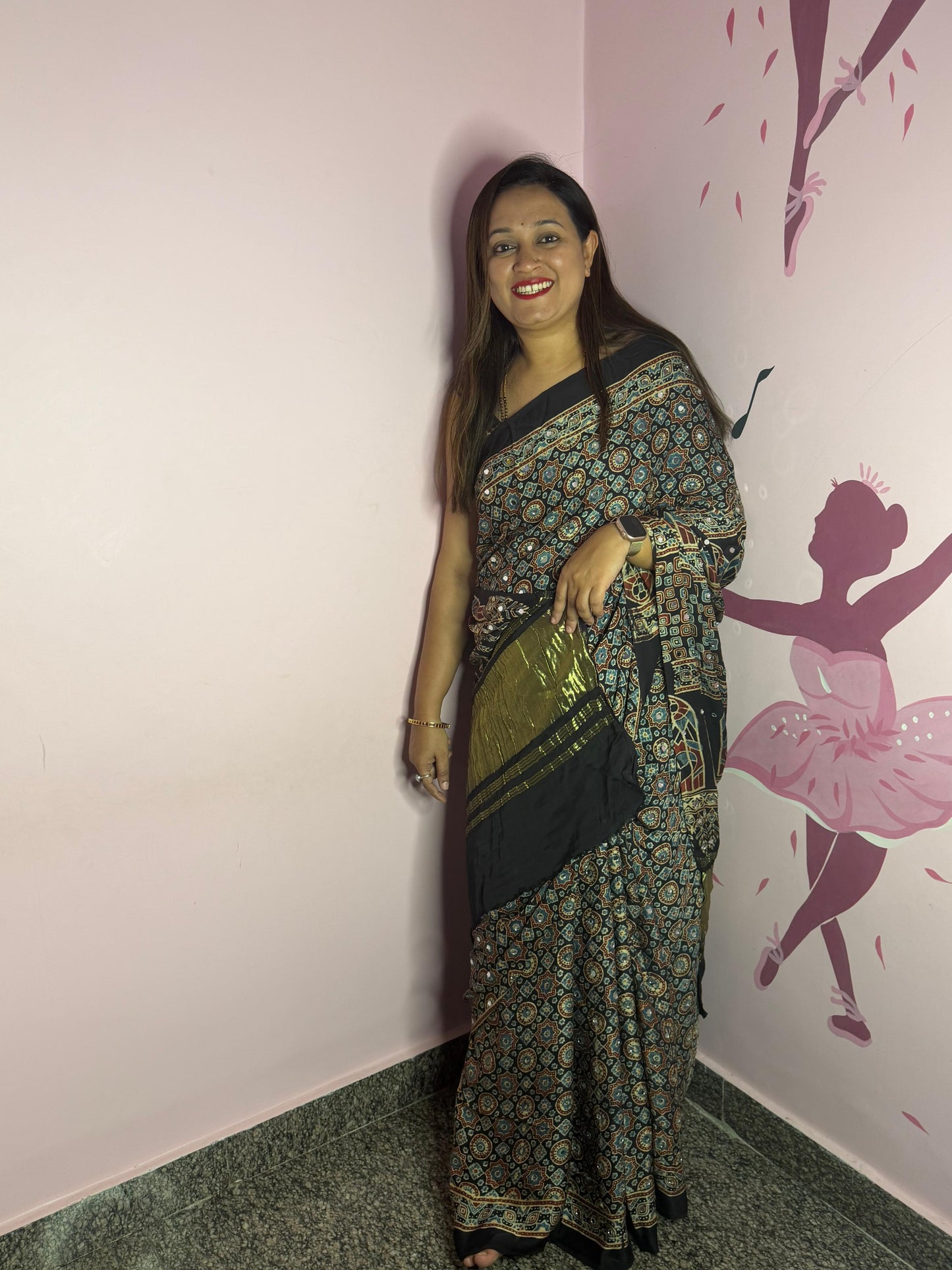 Ajrak Mirror Work Saree – Black
