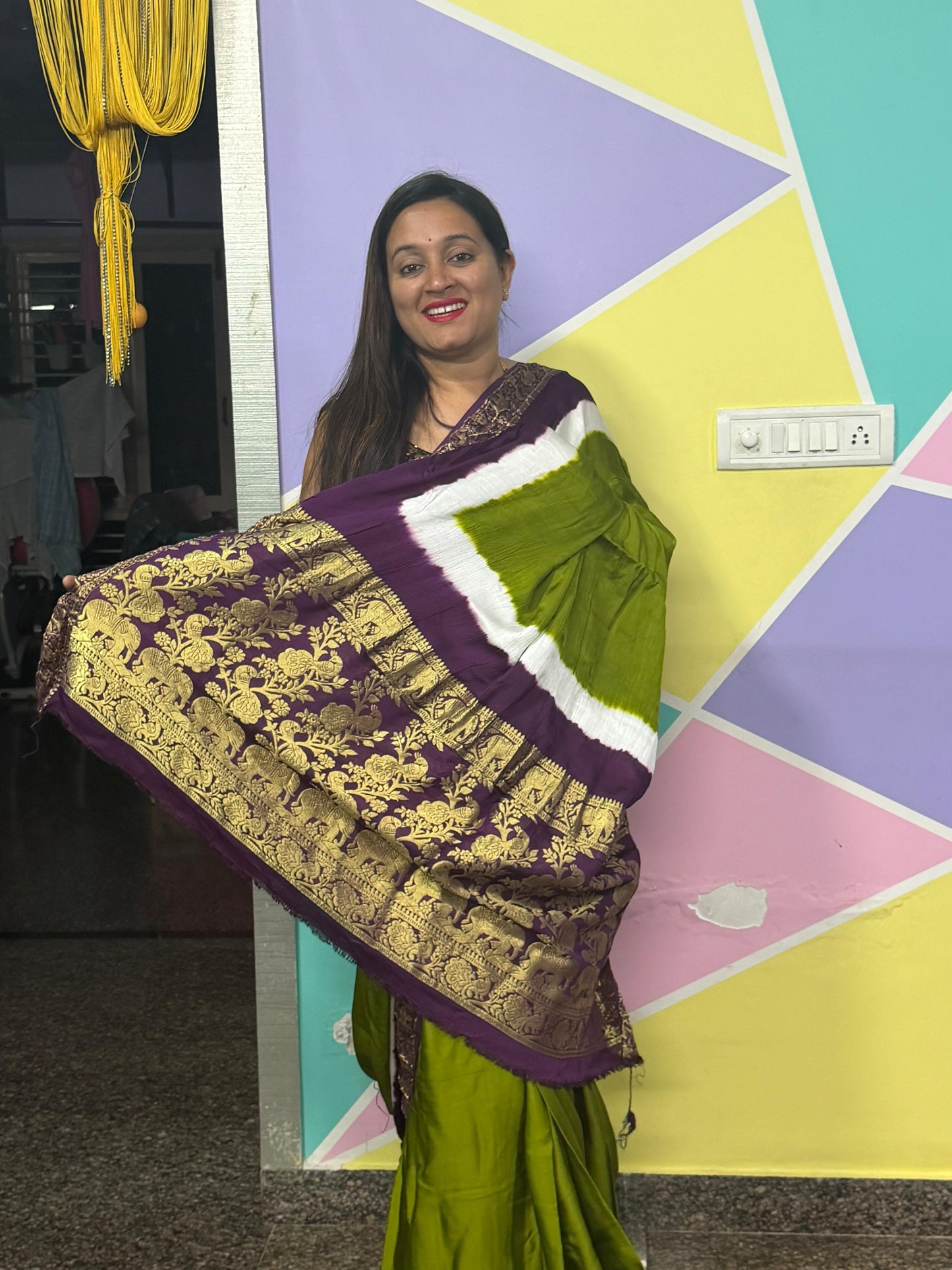 Pure Modal Natural Dye 3D Plain Saree-Olive Green