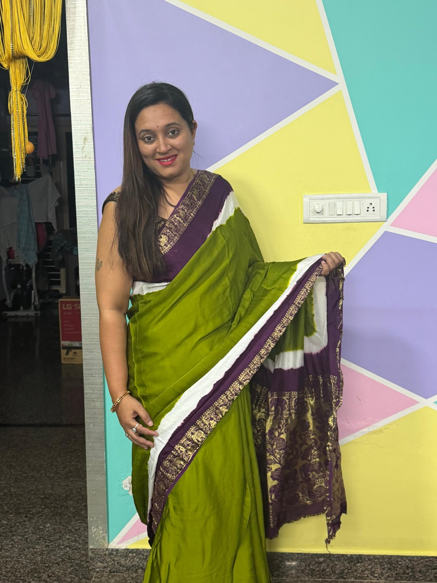 Pure Modal Natural Dye 3D Plain Saree-Olive Green