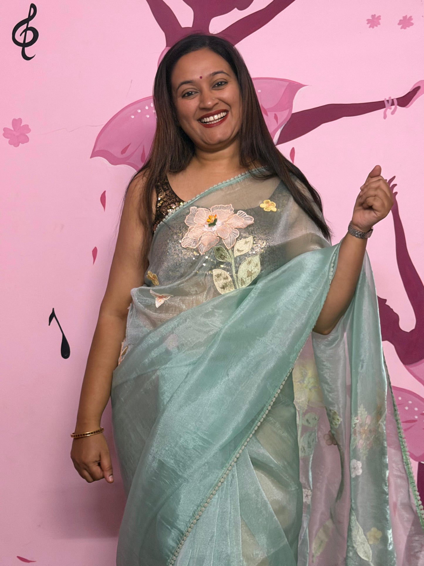 Mint Organza Saree with 3D Floral Appliqué Work