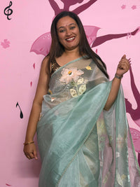Mint Organza Saree with 3D Floral Appliqué Work