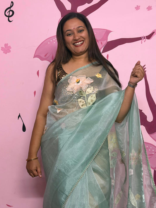 Mint Organza Saree with 3D Floral Appliqué Work