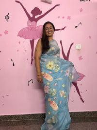 Sea Blue Organza Saree with 3D Floral Appliqué | Pearl & Sequin Border