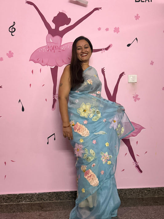 Sea Blue Organza Saree with 3D Floral Appliqué | Pearl & Sequin Border