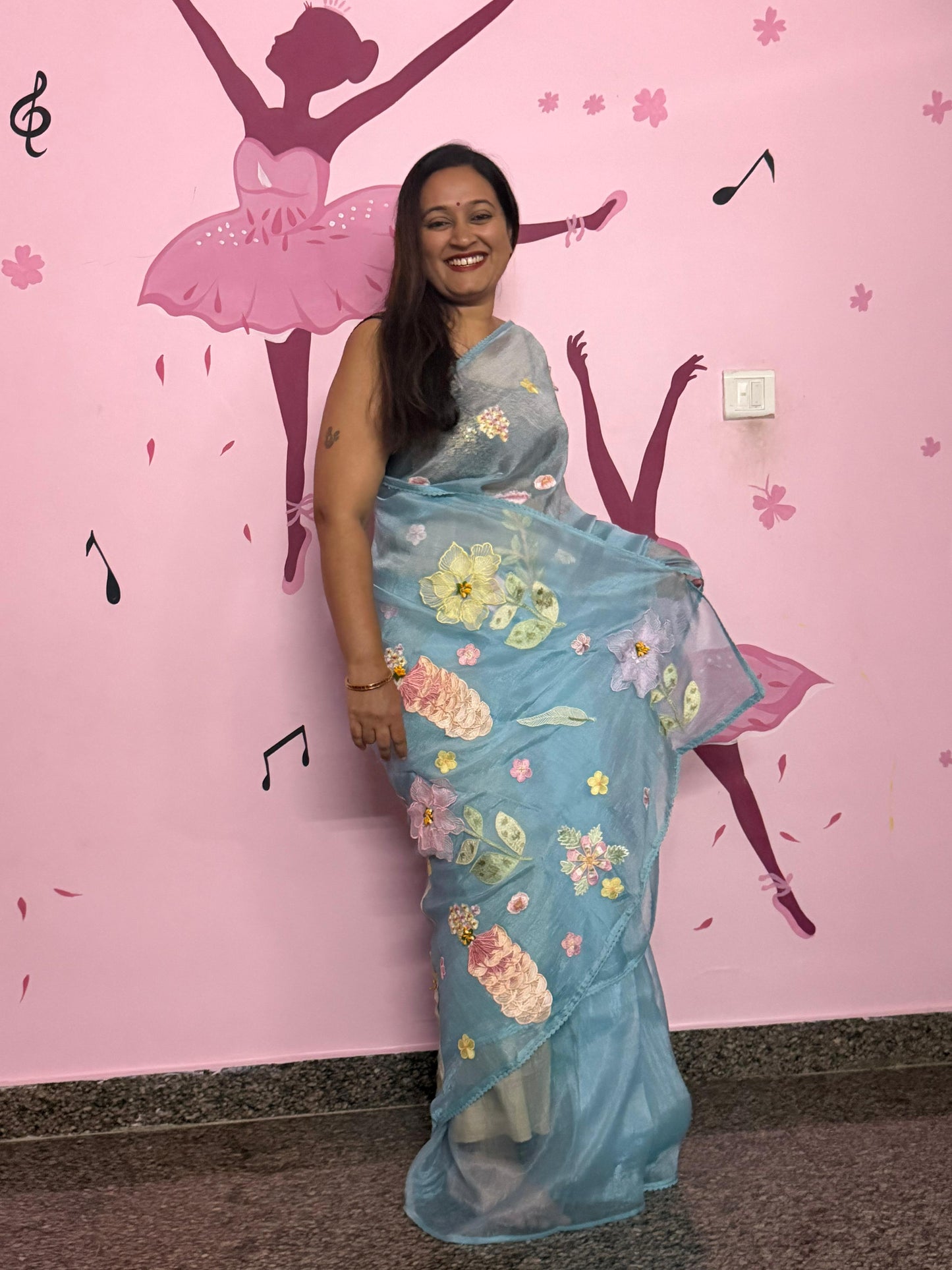 Sea Blue Organza Saree with 3D Floral Appliqué | Pearl & Sequin Border
