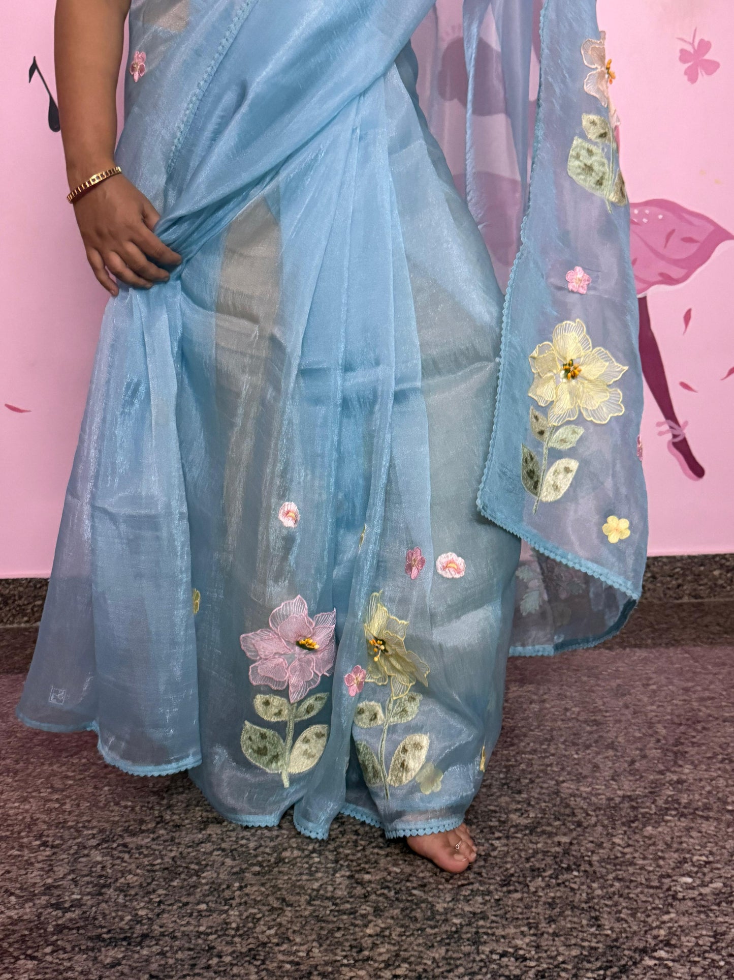Sea Blue Organza Saree with 3D Floral Appliqué | Pearl & Sequin Border