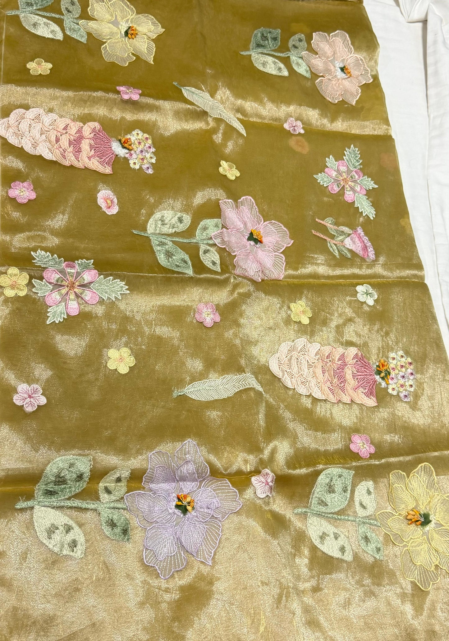 Golden Mehndi Organza Saree with 3D Floral Appliqué | Pearl & Sequin Border