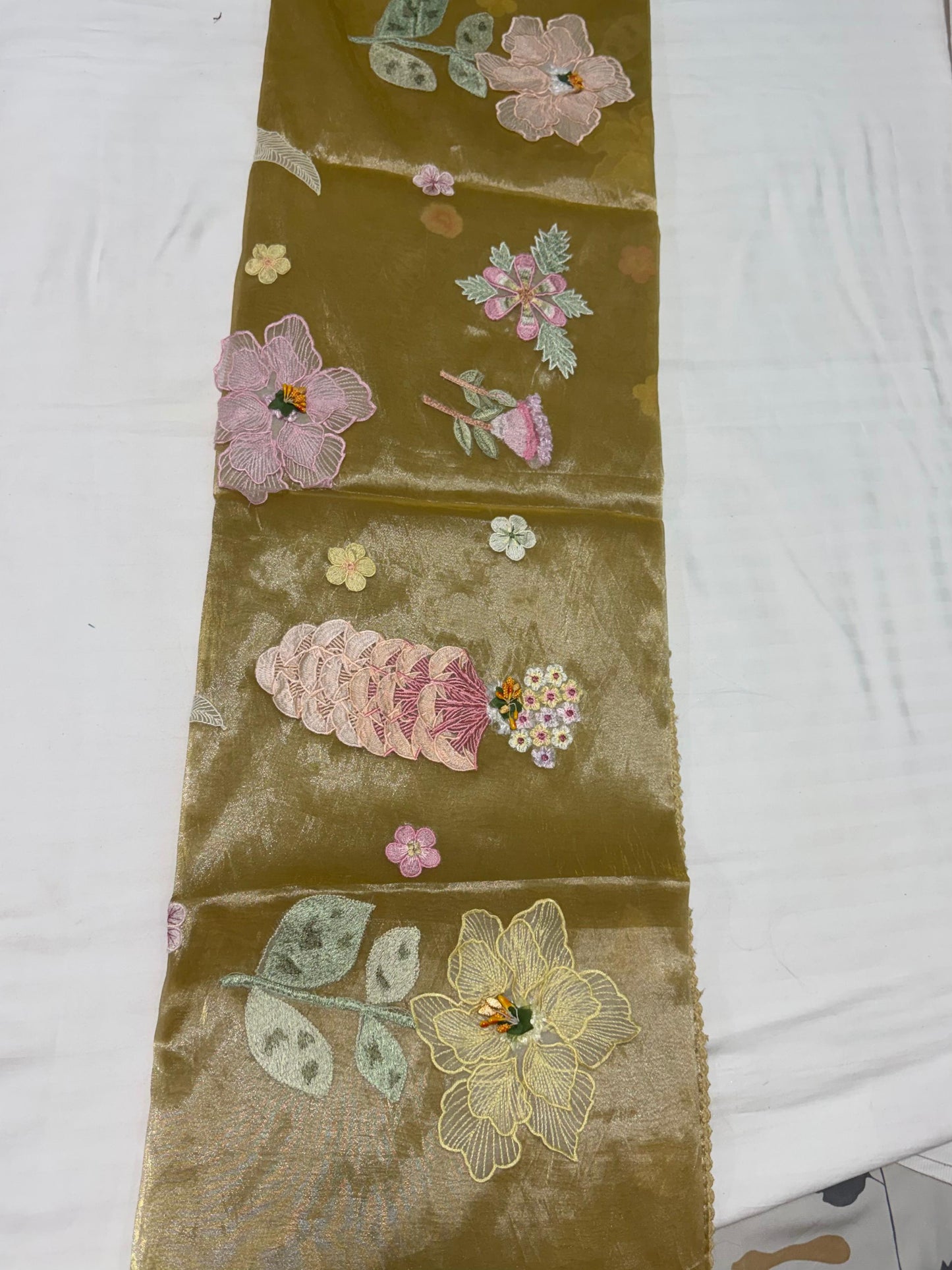 Golden Mehndi Organza Saree with 3D Floral Appliqué | Pearl & Sequin Border