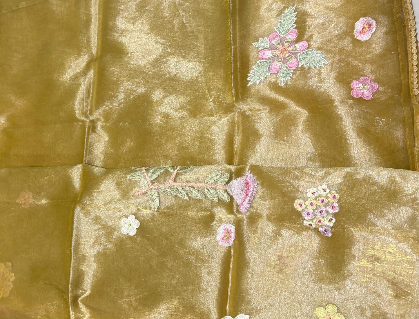 Golden Mehndi Organza Saree with 3D Floral Appliqué | Pearl & Sequin Border