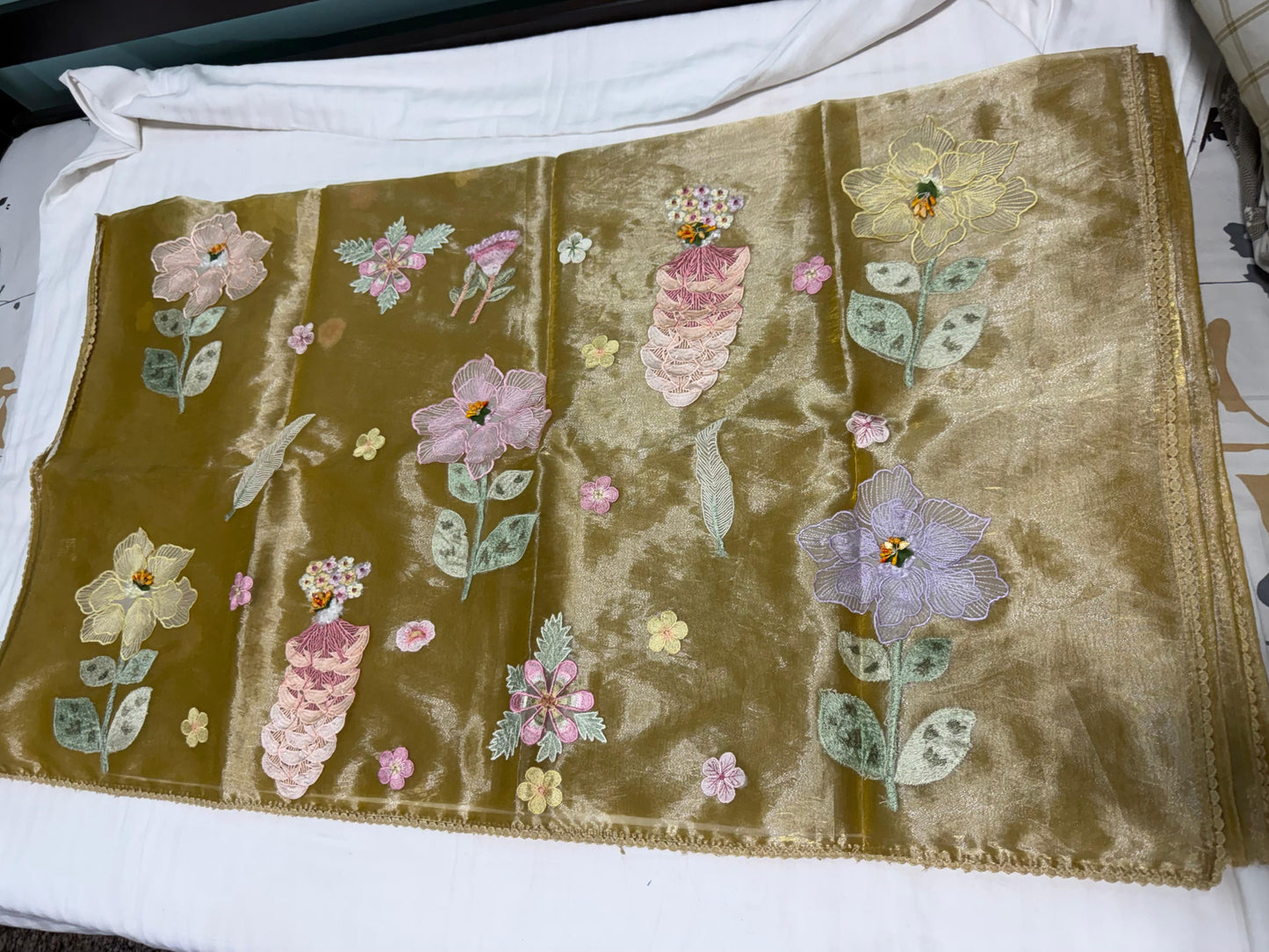 Golden Mehndi Organza Saree with 3D Floral Appliqué | Pearl & Sequin Border