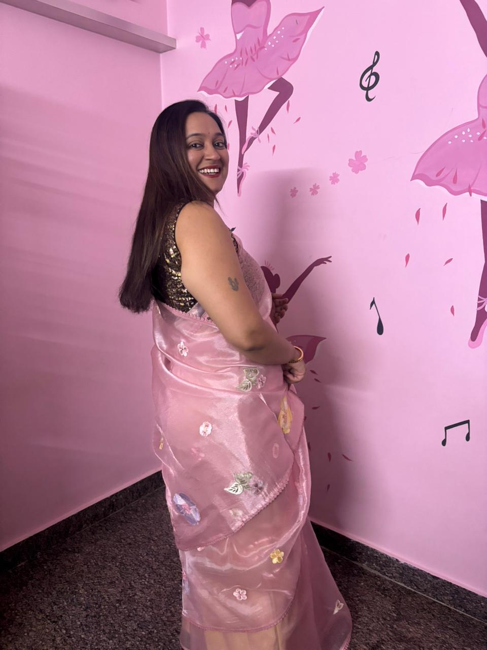 Baby Pink Organza Saree with 3D Floral Appliqué | Pearl & Sequin Border