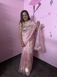 Baby Pink Organza Saree with 3D Floral Appliqué | Pearl & Sequin Border