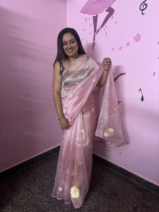 Baby Pink Organza Saree with 3D Floral Appliqué | Pearl & Sequin Border