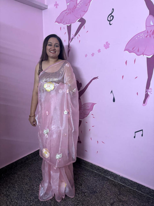 Baby Pink Organza Saree with 3D Floral Appliqué | Pearl & Sequin Border