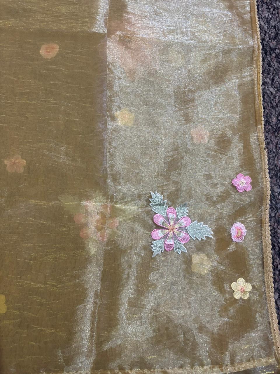 Golden Mehndi Organza Saree with 3D Floral Appliqué | Pearl & Sequin Border