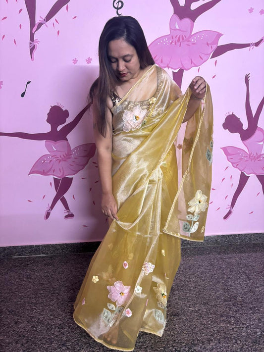 Golden Mehndi Organza Saree with 3D Floral Appliqué | Pearl & Sequin Border