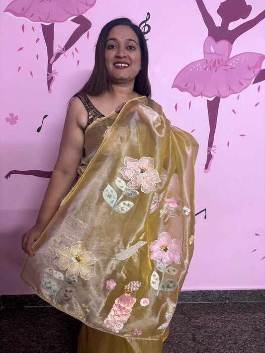 Golden Mehndi Organza Saree with 3D Floral Appliqué | Pearl & Sequin Border
