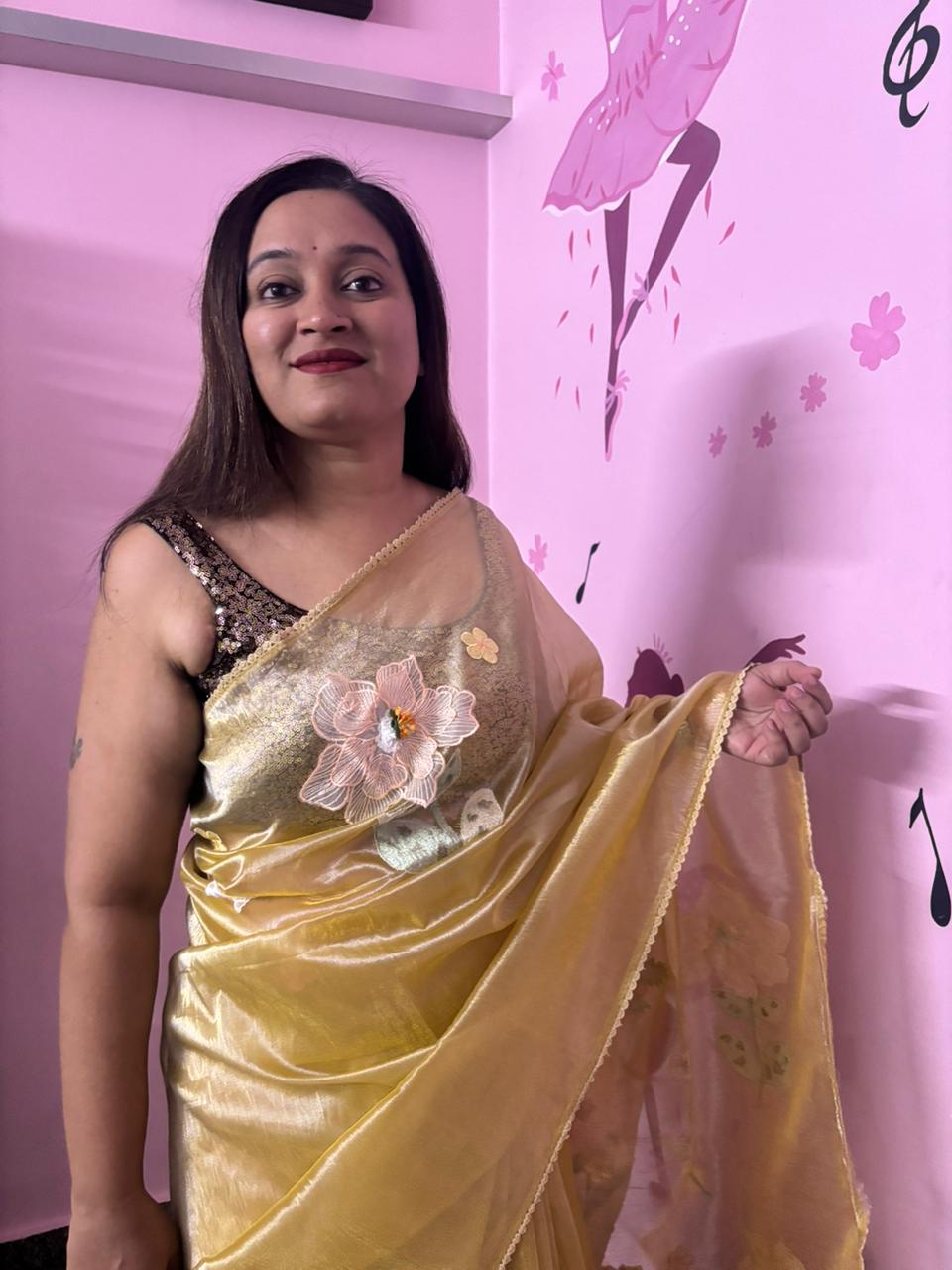 Golden Mehndi Organza Saree with 3D Floral Appliqué | Pearl & Sequin Border