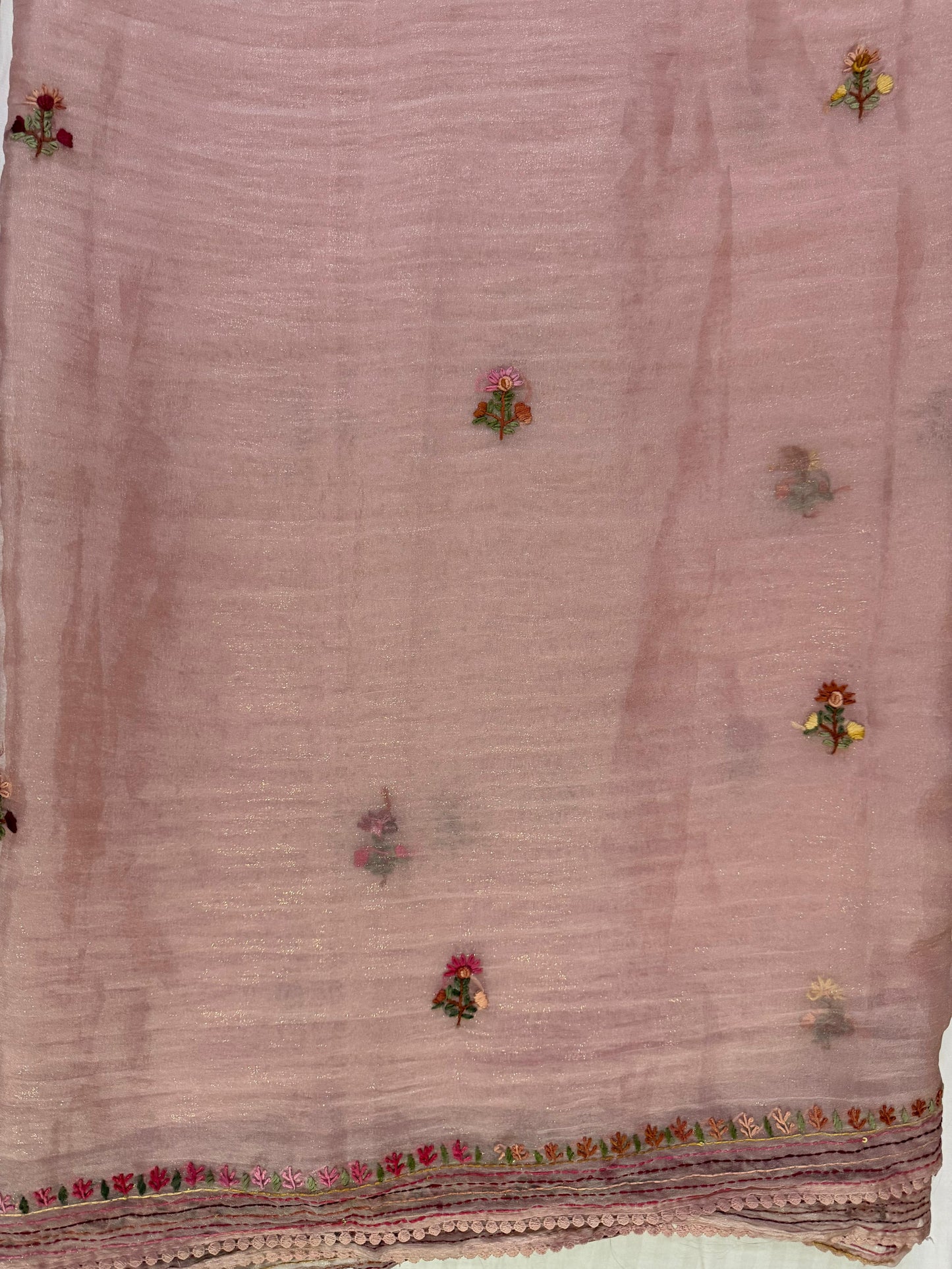Dusty Rose Tissue Saree with Kantha Hand Embroidery & Floral Bootis