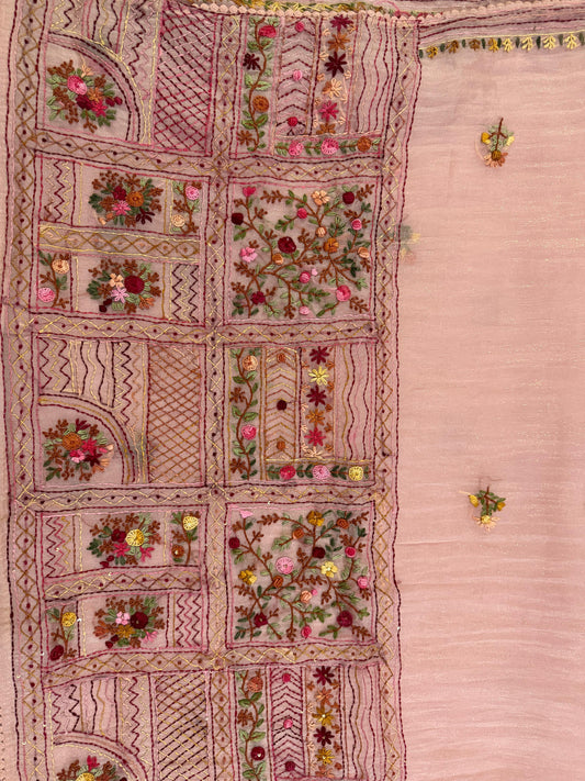 Dusty Rose Tissue Saree with Kantha Hand Embroidery & Floral Bootis
