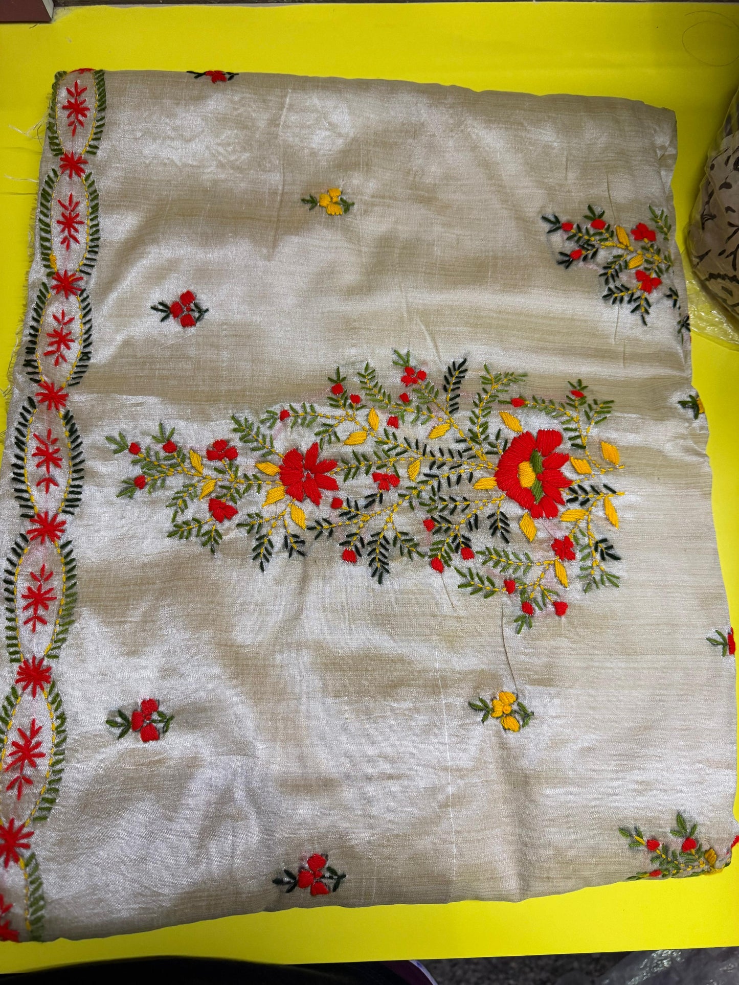 Assam Tussar Silk Saree | Kashmiri Red & Yellow Floral Embroidery | Beige – Daaraa Silks