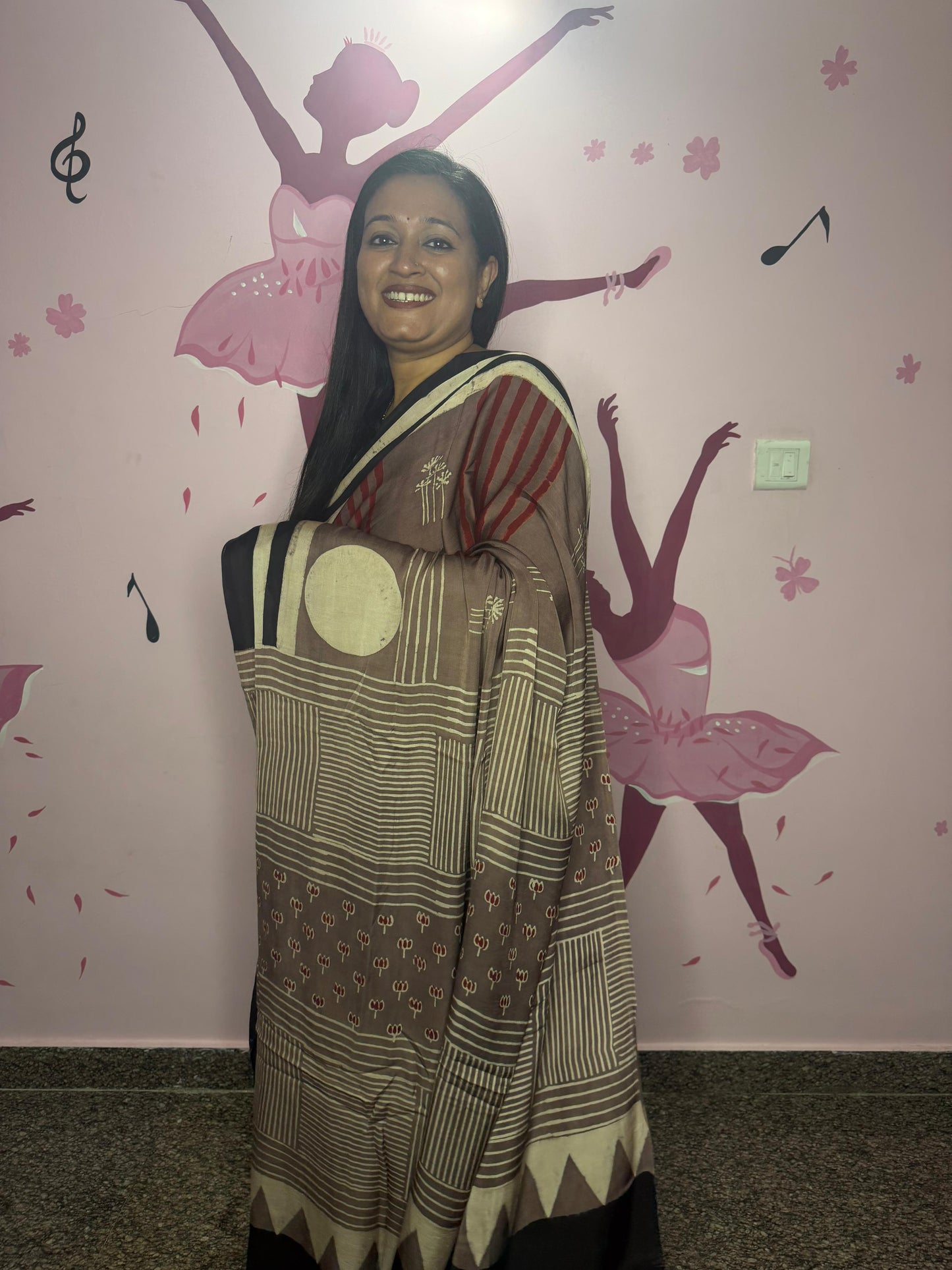Brown Ajrak Block Print Saree with Red Stripes & Ivory Moon Motifs