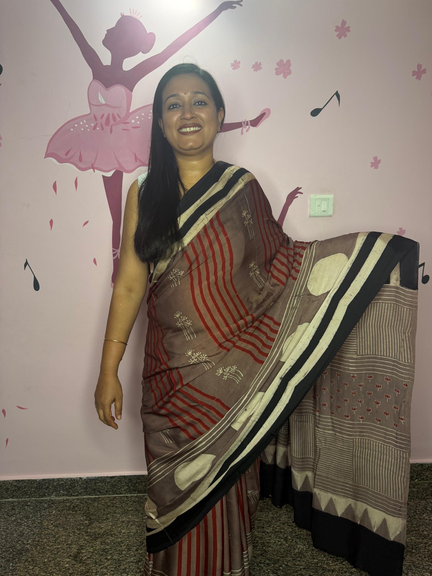 Brown Ajrak Block Print Saree with Red Stripes & Ivory Moon Motifs