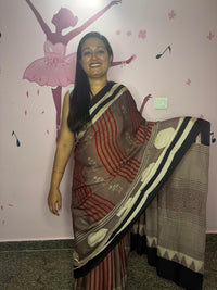 Brown Ajrak Block Print Saree with Red Stripes & Ivory Moon Motifs