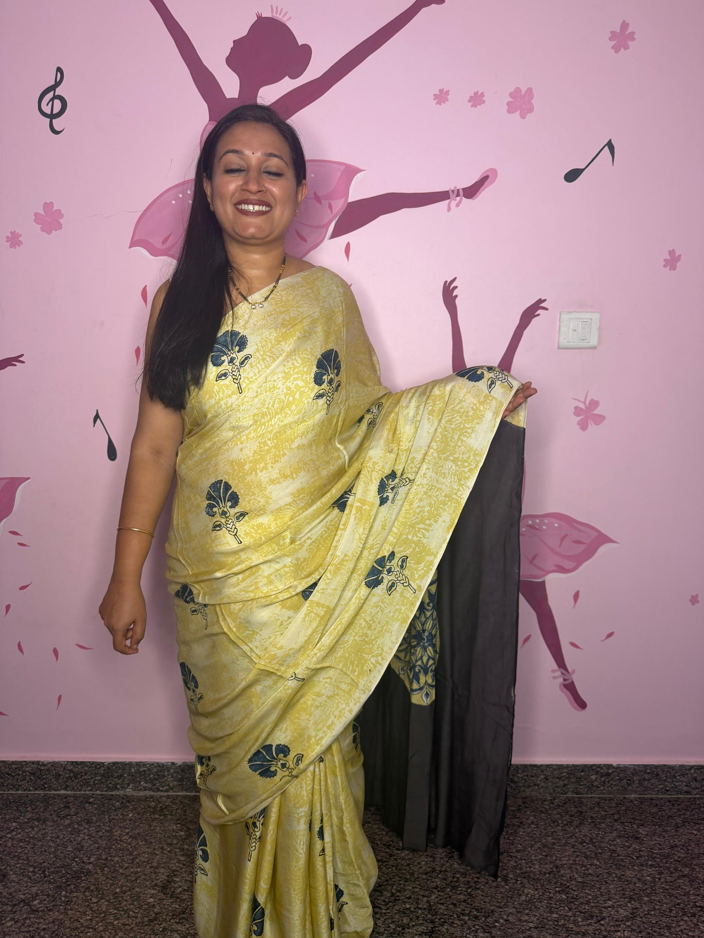 Pale Yellow Ajrak Block Print Saree with Teal Fan Motifs & Charcoal Pallu