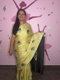 Pale Yellow Ajrak Block Print Saree with Teal Fan Motifs & Charcoal Pallu