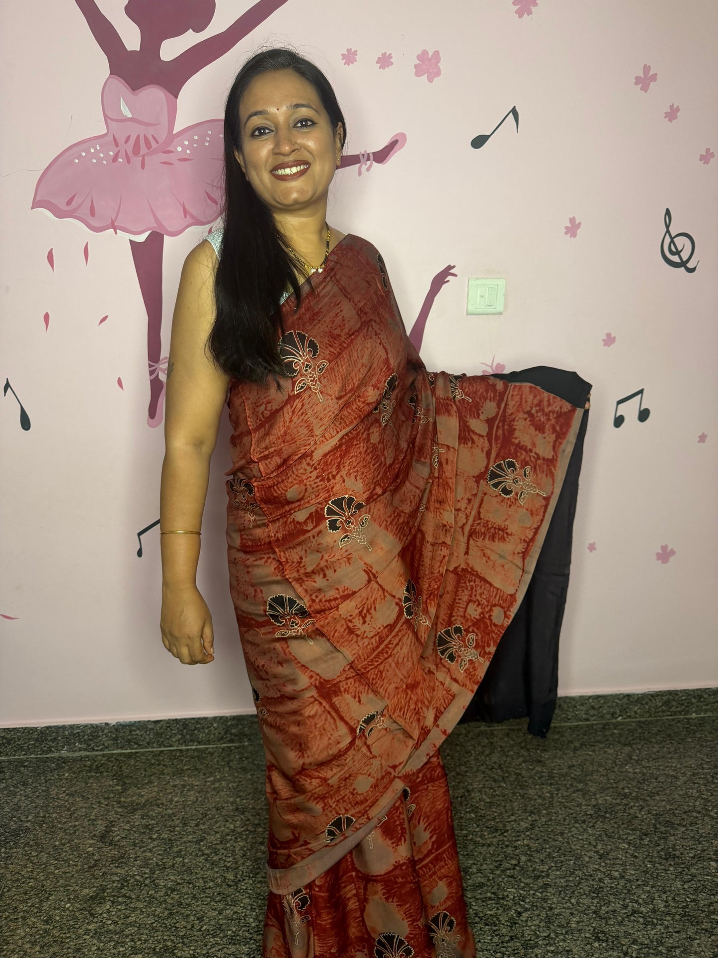 Rust Ajrak Block Print Saree with Black Pallu & Gold Mandala Motif