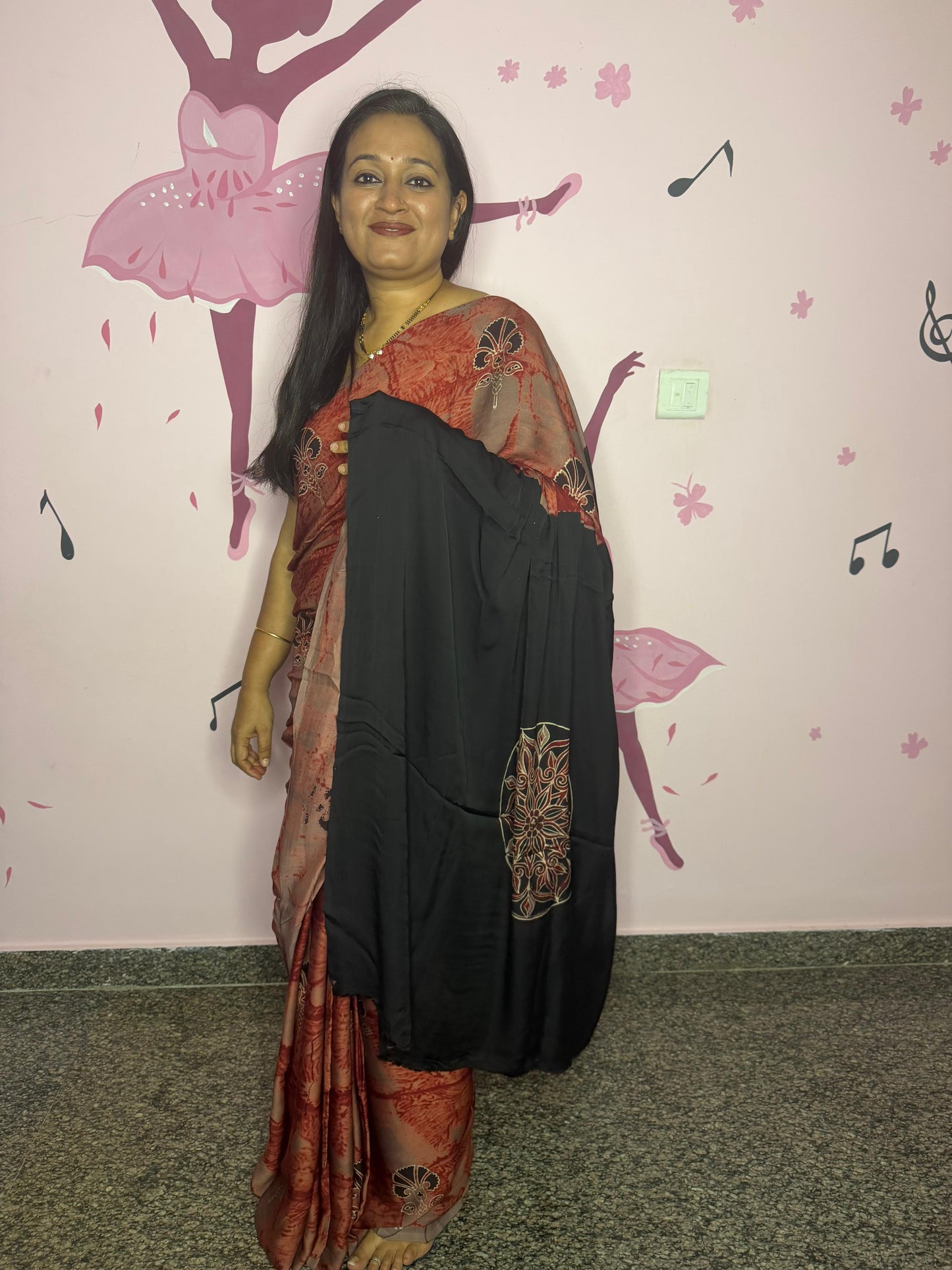 Rust Ajrak Block Print Saree with Black Pallu & Gold Mandala Motif