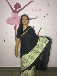Soft Modal Ajrak Block Print Saree – Black with Ivory Tree of Life Border
