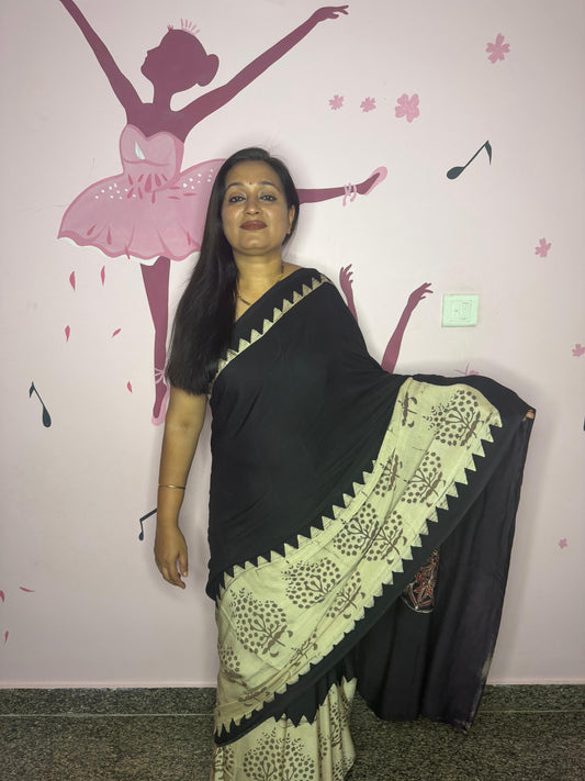 Soft Modal Ajrak Block Print Saree – Black with Ivory Tree of Life Border