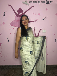 Soft Modal Ajrak Block Print Saree – Ivory with Navy Peacock Motifs