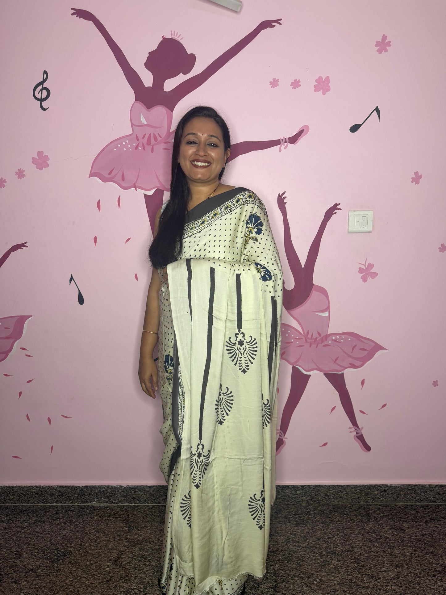 Soft Modal Ajrak Block Print Saree – Ivory with Navy Peacock Motifs