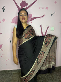 Black Modal Silk Saree with Bronze Floral Medallion Border & Geometric Pallu