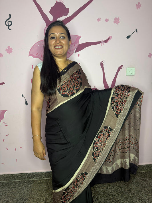 Black Modal Silk Saree with Bronze Floral Medallion Border & Geometric Pallu