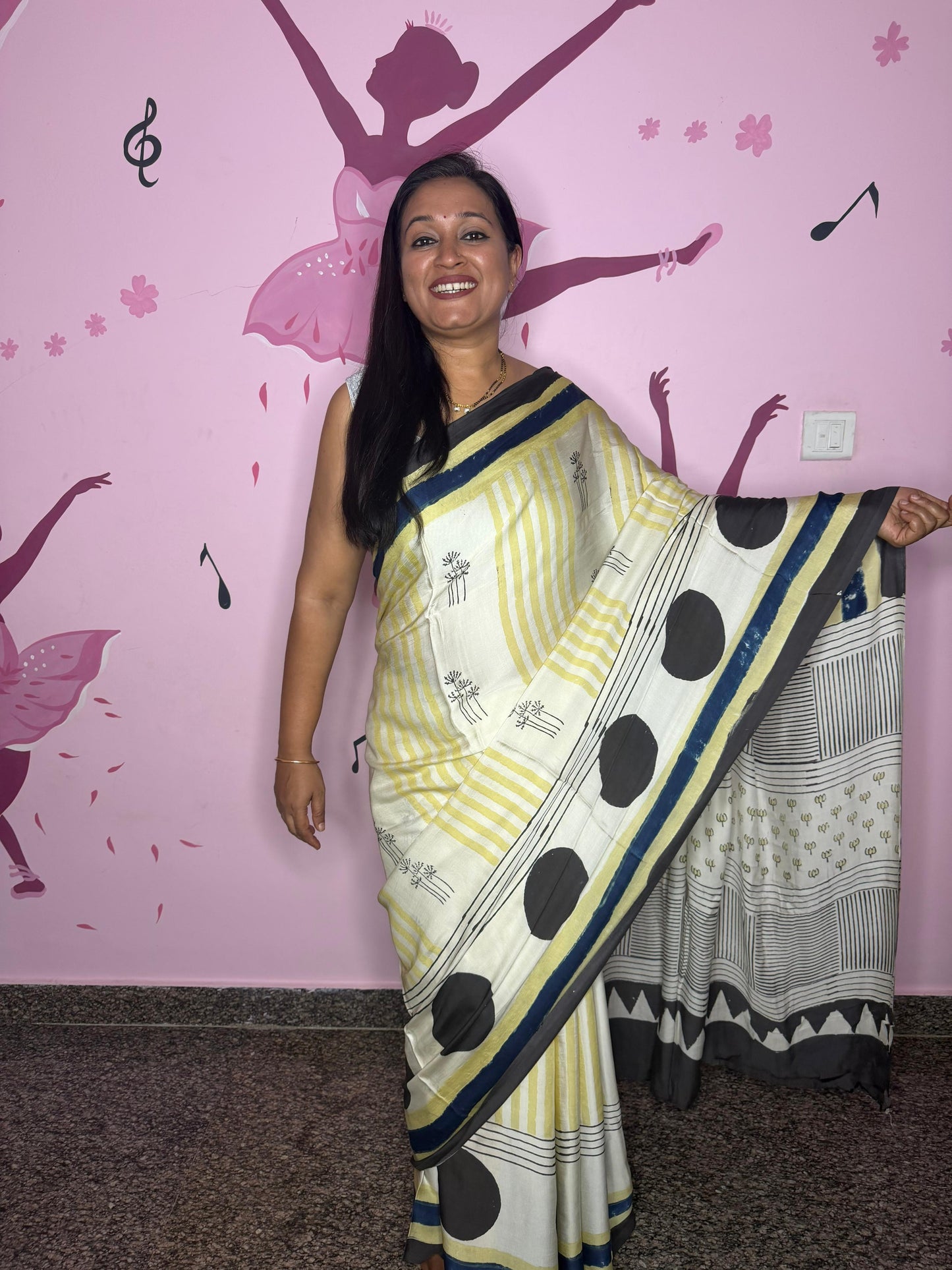Cream Ajrak Block Print Modal Saree with Lime Stripes, Black Polka Dots & Navy Border