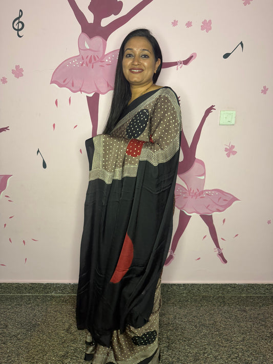 Taupe Ajrak Block Print Modal Saree with Bold Circle Motifs & Black Pallu