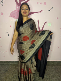 Taupe Ajrak Block Print Modal Saree with Bold Circle Motifs & Black Pallu