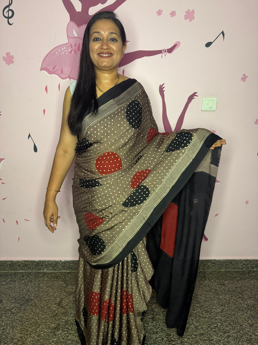 Taupe Ajrak Block Print Modal Saree with Bold Circle Motifs & Black Pallu