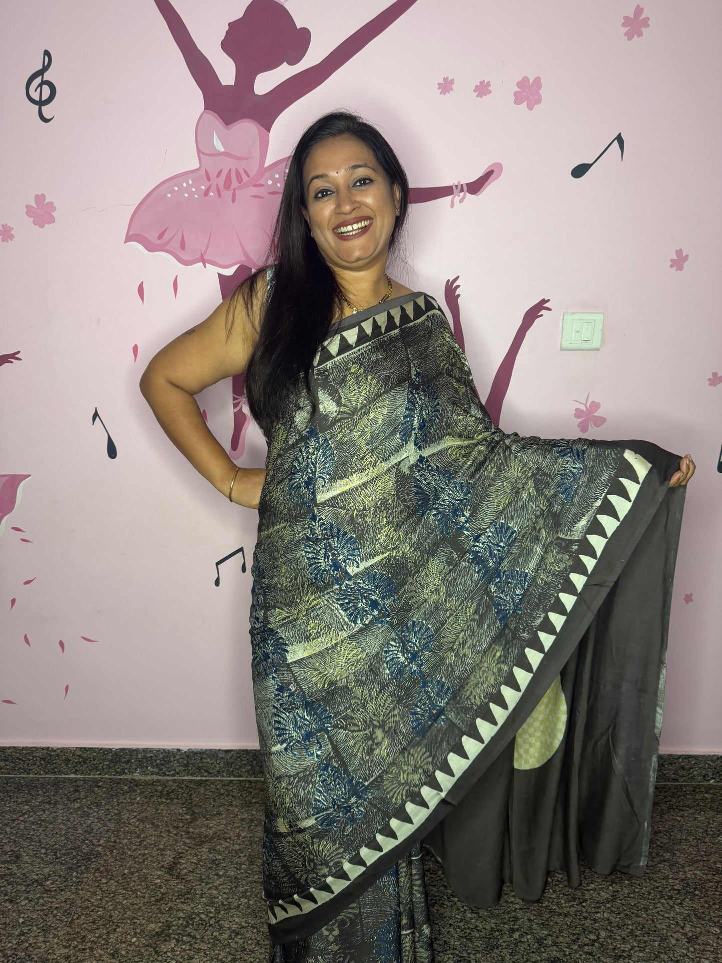 Grey Ajrak Block Print Modal Saree with Teal Gold Botanical Motifs & Ivory Chevron Border