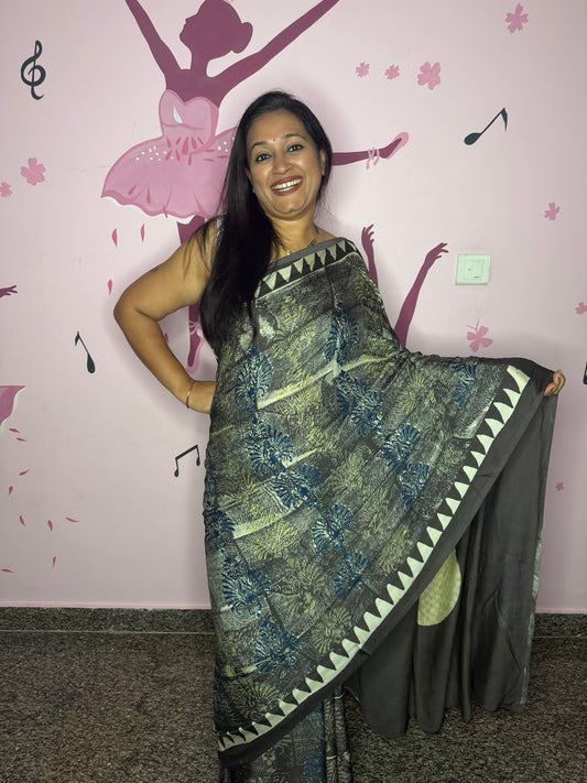 Grey Ajrak Block Print Modal Saree with Teal Gold Botanical Motifs & Ivory Chevron Border