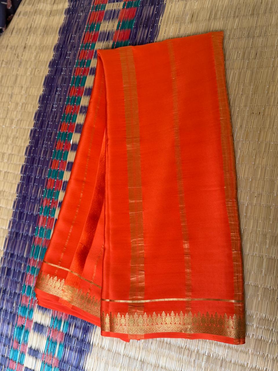 Chandrika 2D – Pure Mysore Crepe Silk Saree | Baby Pink with Rust Orange Border