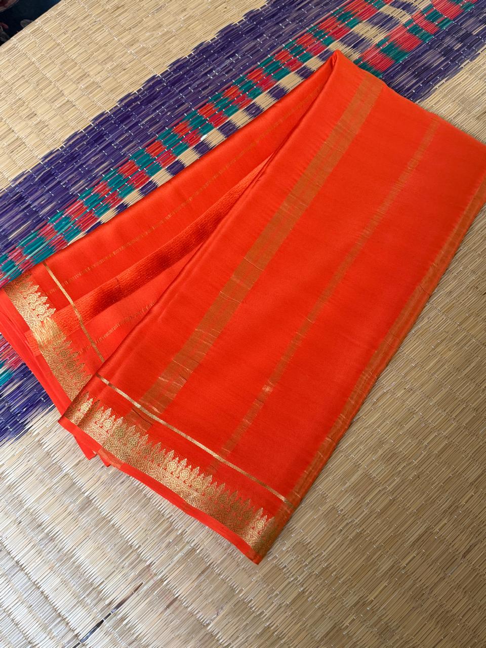 Chandrika 2D – Pure Mysore Crepe Silk Saree | Baby Pink with Rust Orange Border