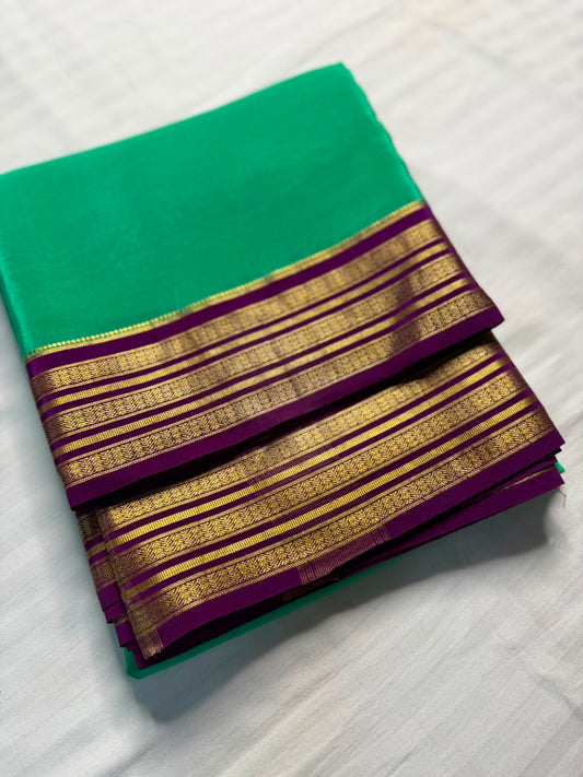 Barfi 2D – Pure Mysore Crepe Silk Saree | Sea Green with Dark Pink Border